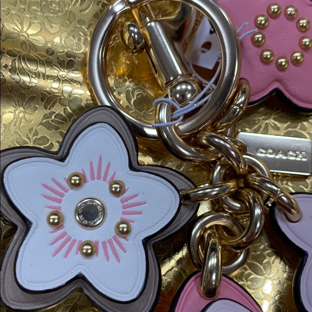 COACH WILDFLOWER CLUSTER BAG CHARM BRASS & PINK - Picture 9 of 16